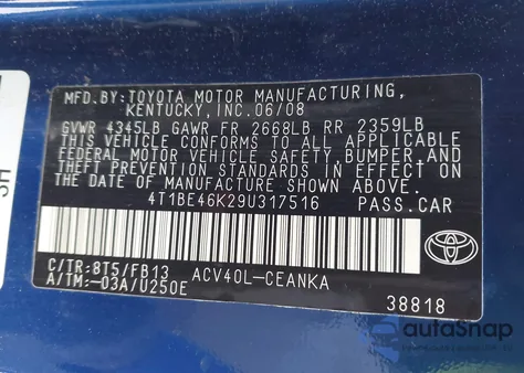 2009 Toyota Camry Le z USA, uszkodzony, nr VIN 4T1BE46K29U317516